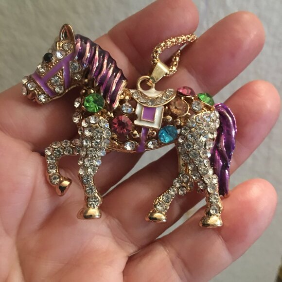 Purple Rhinestone Painted Pony Costume Jewelry Necklace NEW   Box1 - Picture 2 of 3